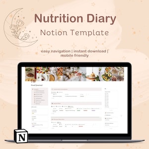 May include: A laptop computer screen displaying a Notion template for a nutrition diary. The template includes sections for food journal, daily food log, and macro tracking. The screen is surrounded by a pink background with a crescent moon and stars.
