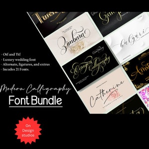 May include: A collection of 21 modern calligraphy fonts in a bundle. The fonts are displayed in a variety of styles and colors, including gold, black, and white. The fonts are perfect for wedding invitations, logos, and other design projects.  - Otf and Ttf - Luxury wedding font - Alternate, ligatures, and extras - Includes 21 Fonts.