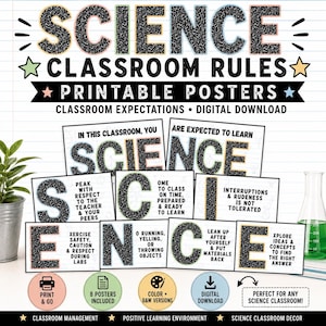 May include: A set of printable science classroom rules posters featuring black glitter-textured letters on a white background with grid lines. The posters include text about classroom expectations, safety, and respect for a science learning environment.