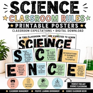 May include: A set of science classroom rules printable posters featuring the text SCIENCE CLASSROOM RULES and various classroom expectations. The posters use large black letters and pastel-colored backgrounds with icons for printing and digital download.