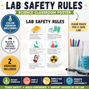 May include: A Lab Safety Rules science classroom poster featuring six illustrated sections with icons including a book, goggles, gloves, microscope, beakers, fire extinguisher, and radiation symbol, accompanied by instructional text for laboratory safety.