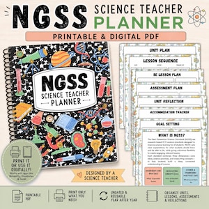 May include: A spiral-bound NGSS Science Teacher Planner with a black cover featuring colorful science icons like planets, microscopes, and beakers. The set includes printable pages for unit plans, lesson sequences, assessments, and goal setting.