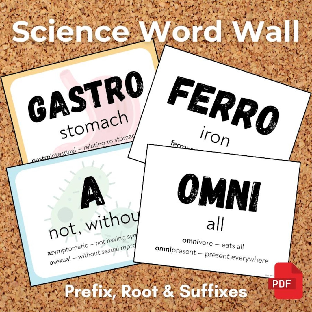 Science Word Wall Bundle — 150+ Prefixes, Suffixes & Roots (color + B/W ...