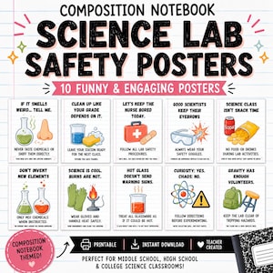 Puede incluir: Un conjunto de 10 pósteres de seguridad para laboratorios de ciencias con temática de cuaderno de composición. Cada póster incluye texto humorístico e ilustraciones de equipo de laboratorio con instrucciones de seguridad para el aula.
