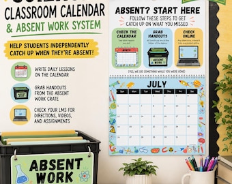 Calendario mural para el aula de ciencias y sistema de gestión de ausencias (año escolar 2026-2027)