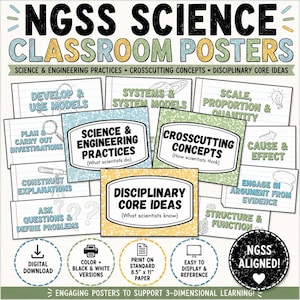 Puede incluir: Un conjunto de pósteres de ciencias NGSS para el aula que presentan prácticas científicas y de ingeniería, conceptos transversales e ideas fundamentales disciplinarias. Los pósteres incluyen texto sobre fondos de papel rayado, con iconos para descarga digital, versiones en color y en blanco y negro, e impresión en papel estándar de 21,6 cm por 27,9 cm.
