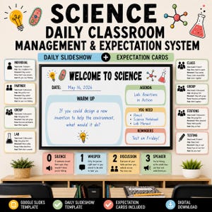 May include: A science classroom management system featuring a digital display with a welcome screen, agenda, and warm-up prompt. Surrounding the screen are expectation cards for individual, partner, group, and lab work, plus noise level indicators.