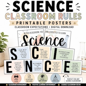 May include: A set of printable science classroom posters featuring the word SCIENCE in large black letters, with each letter serving as a header for classroom rules. The posters include pastel-colored backgrounds and black text on white paper.