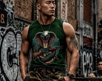 May include: A dark green sleeveless shirt featuring a graphic print of a coiled cobra snake holding a rifle. The shirt is paired with camouflage cargo pants. A silver dog tag necklace and a black wristwatch are worn as accessories.