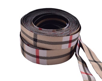 Beige karierte Bandrolle in 7/8 "oder 5/8", beige gewebtes Polyester-Jacquard-Band, hellbraunes Tartan-Band zum Basteln und Nähen, Herbst-Karoband