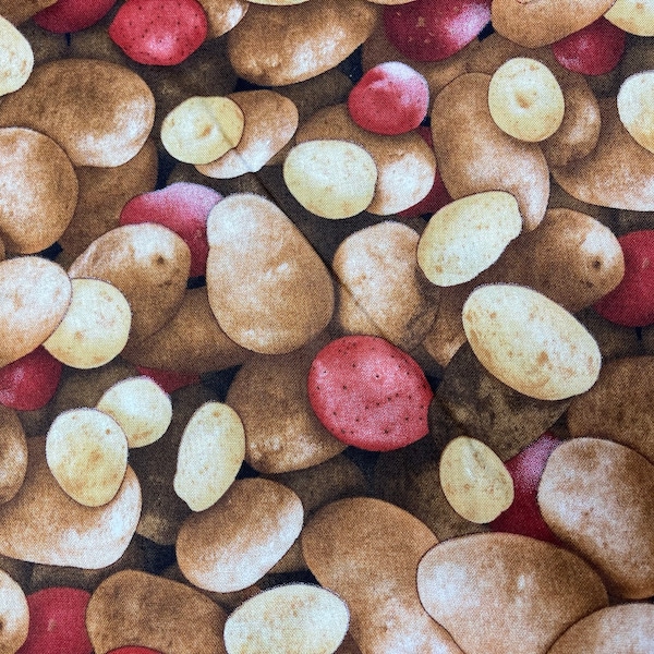 Food Fabric, Vegetable Cotton Fabric, Elizabeth Studios Food Festival 387MULTI 44/45", Red Brown Potatoes Fabric by the Yard or 1/2 Length