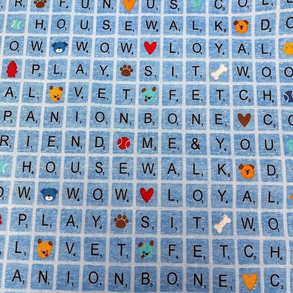 Riley Blake Puppy Love C6932 Blue Word Games 43/44, Fabric by the Yard Length, 100% Quilting Cotton, Kid Theme Material, Letter Alphabet