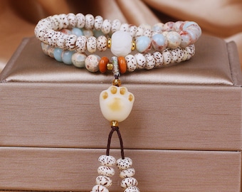 Pulsera de cuentas con forma de pata de gato: joyería ajustable de doble capa de ágata