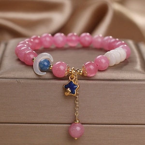 Joli bracelet de perles pour femme/bracelet lune et étoiles/bracelet de perles de cristal fille/bracelet réglable/bijoux faits main/cadeau pour elle