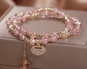 Colourful Beads Bracelet For Women/Pink Beaded Bracelet/Girls Crystal Bracelet/Double Layer Adjustable Bracelet/Handmade Jewelry Gift