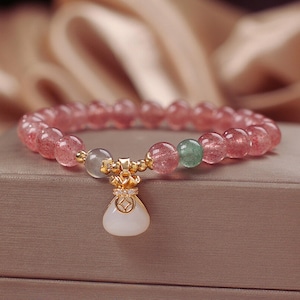 Braccialetto di perline per donna/Braccialetto di perline pendenti/Braccialetto di quarzo fragola/Braccialetto di cristallo per ragazze/Braccialetto regolabile/Regalo di gioielli fatti a mano