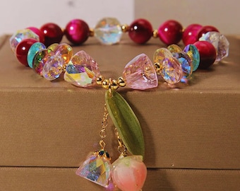 Floral Beaded Bracelet: Red Amethyst & Crystal Rose Charm, Adjustable
