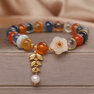 Pulsera de cuentas de flores para mujeres/niñas Pulsera de flores de perla/Pulsera de ágata/Pulseras de hojas de oro/Pulsera ajustable/Regalo de joyería hecho a mano