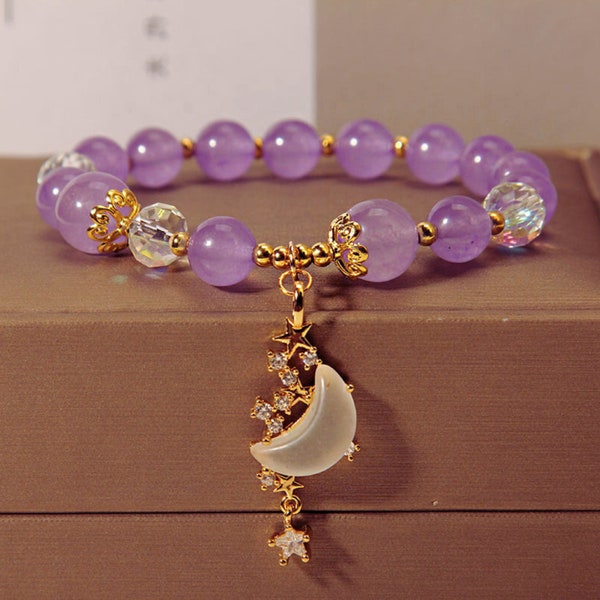 Natural Crystal Bracelet For Women/Ladies Moon & Star Beaded Bracelet/Girls Amethyst Beads Bracelet/Handmade Jewellery/Elegant Gift Idea