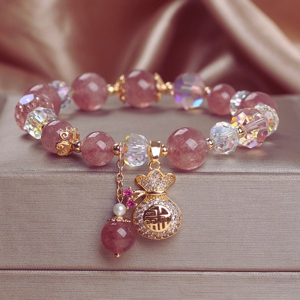 Strawberry Quartz Bracelet For Women/Ladies Beaded Bracelet/Girls Natural Crystal Bracelet/Handmade Jewellery Bracelet/Elegant Gift Idea