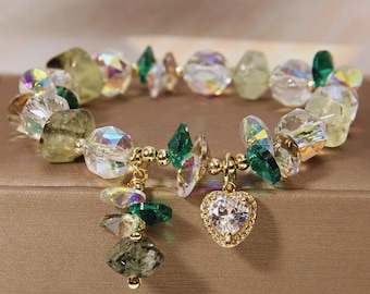 Bracelet coeur pour femme/bracelet de perles coeur pour femme/bracelet en cristal naturel pour fille/bracelet avec pendentif en strass/cadeau de bijoux faits main