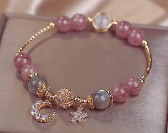Pulsera de cuentas de estrella y luna: cristal natural, pulsera ajustable