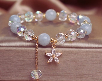 Flower Beaded Bracelet For Women/Ladies Floral Zircon Bracelet/Girls Natural Crystal Bracelet/Adjustable Bracelet/Handmade Jewelry Gift