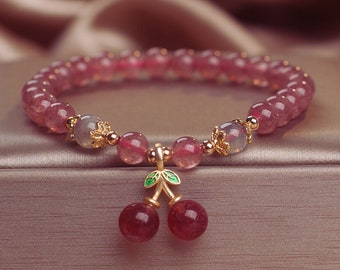 Cherry Beaded Bracelet For Women/Ladies Cherry Fruit Bracelet/Girls Natural Crystal Bracelet/Adjustable Bracelet/Handmade Jewelry Gift