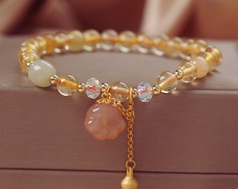 Pulsera de cuentas de cristal amarillo: Pulsera con colgante de pata de gato, ajustable