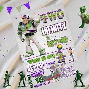 Op de afbeelding: Een verjaardagsuitnodiging met Buzz Lightyear, de woorden "Two Infinity & Beyond" en andere Toy Story-personages. De uitnodiging bevat de tekst "Splash on Over", de naam "Alyes" en de datum 16 augustus.
