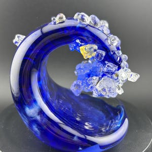 Cobalt Blue Glass Wave Sculpture: Handmade Ocean Art, 3 inches