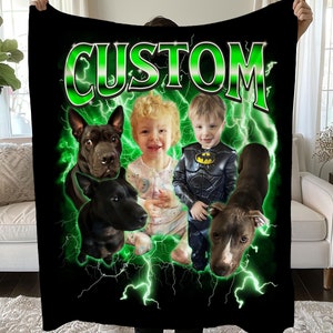 May include: A black fleece blanket with a green lightning bolt design. The blanket features the word "CUSTOM" in green letters and images of two children and three dogs.