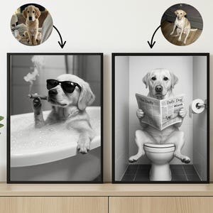 Custom Pet Portrait Photo,Funny Bathroom Art,Dog Reading Newspaper on Toilet,Dog Wall Art,Dog in Toilet,Pet in Bathtub,Personalized pet gift