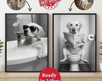 Pet Bathroom Art,Custom Pet Portraits,Bathroom Wall Art Decor Prints,Dog In Toilet,Pet in Bathtub,Pet Gifts,Dog Reading Newspaper on Toilet