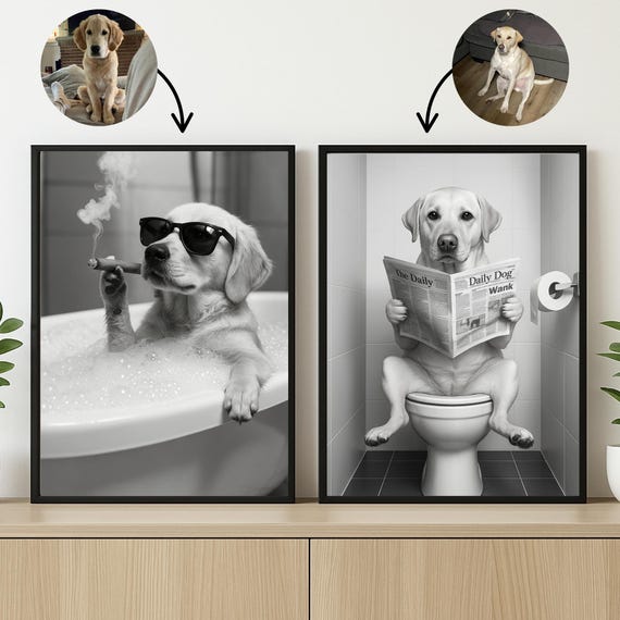 Custom Pet Portrait Photo,Funny Bathroom Art,Dog Reading Newspaper on Toilet,Dog Wall Art,Dog in Toilet,Pet in Bathtub,Personalized pet gift