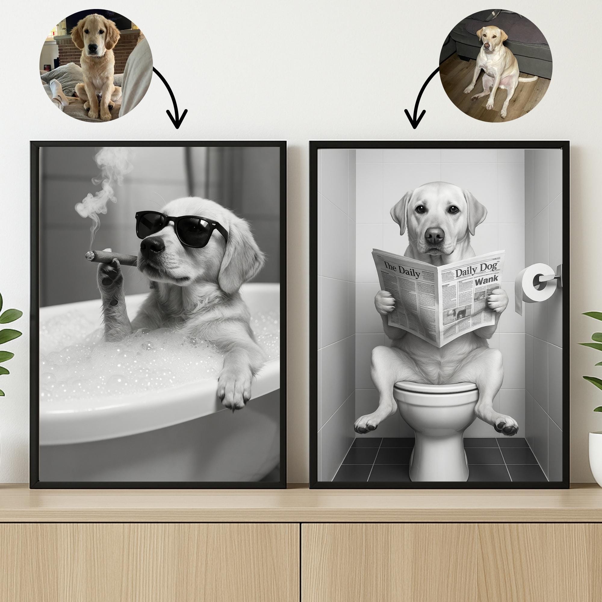 Affiche Murale Déco Salle De Bain - Chien Avec Rouleau De Papier Toilette, Toile Imprimée Format A6 (21x30 Cm) Sans Cadre