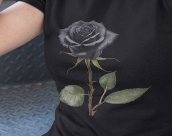 Midnight Rose Single Long Stem Black Rose graphic T-shirt gift for your Goth friend
