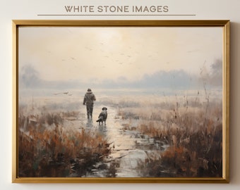 Printable Hunting Dog Scene | Duck Hunting | Landscape Oil Painting | Bog Landscape Art Print | Cabin Wall Art | Digital Download