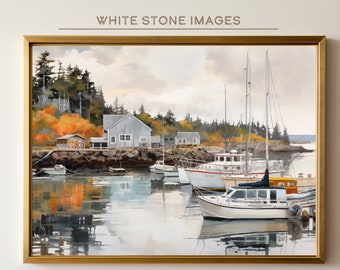 May include: A painting of a harbor scene with several sailboats docked in front of a small town. The boats are white with blue and red accents. The town is on a rocky shore with trees in the background. The sky is cloudy and gray.
