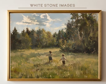 Printable Vintage Boys | Summer Memories | Landscape Oil Painting | Frolicking Meadow | Nostalgic Art | Cabin Wall Art | Digital Download