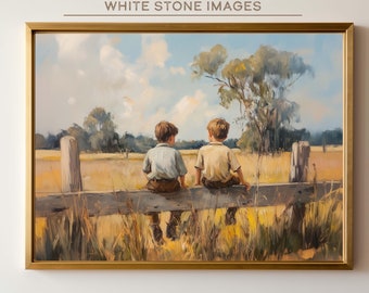 Printable Vintage Brothers On The Farm | Landscape Oil Painting | Sitting On The Fence | Boys Bedroom Wall Art | Digital Download