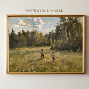 Printable Vintage Boys | Summer Memories | Landscape Oil Painting | Frolicking Meadow | Nostalgic Art | Cabin Wall Art | Digital Download