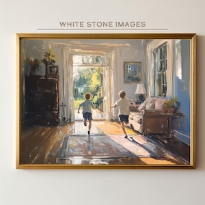 May include: A painting depicting two children running towards an open doorway leading to a sunny garden. The painting is framed in gold and features a light blue wall in the background.