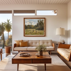 May include: A living room with a white couch, a wooden coffee table, a brown armchair, and a framed landscape painting on the wall. The room has a large window with a view of trees and a wooden ceiling.