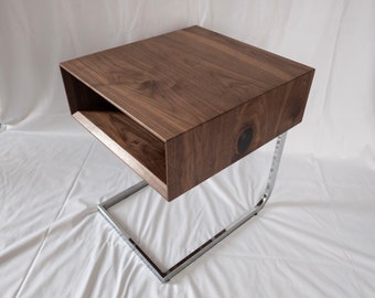 Custom - Solid Black Walnut Side Table With Chromed Steel Base - Accent Table -  Nightstand - House Warming Gift - Wood Furniture