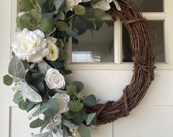 White Rose, Eucalyptus, and Lamb’s Ear Wreath, Spring Wreath, Year Round Wreath, Valentines Wreath, Romantic Wreath, Farmhouse Wreath