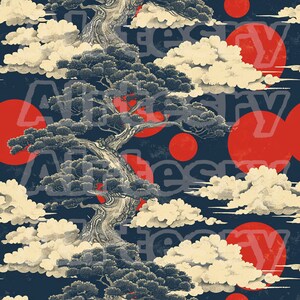 May include: A stylized illustration of a large, gnarled tree with dark green foliage, set against a dark blue background. The tree is surrounded by white clouds and large, red circles.