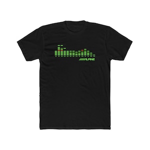 May include: Black t-shirt featuring a green and red graphic equalizer design. The graphic includes the word "ALPINE" in green. The shirt is made of a soft, comfortable material.