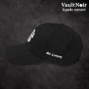 Black Anime Hat – Black Clover Cap – Motivational “No Limits” Embroidery – Streetwear Anime Accessory