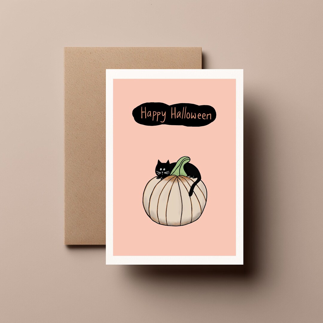 Cat on a Giant Pumpkin – Cute, Spooky and Funny Halloween Greeting Card ...